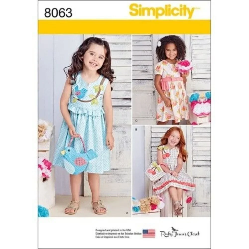 Simplicity Sewing Pattern 8063 Child Dress Purse Size 3-8 Multi Applique Ruffle‎